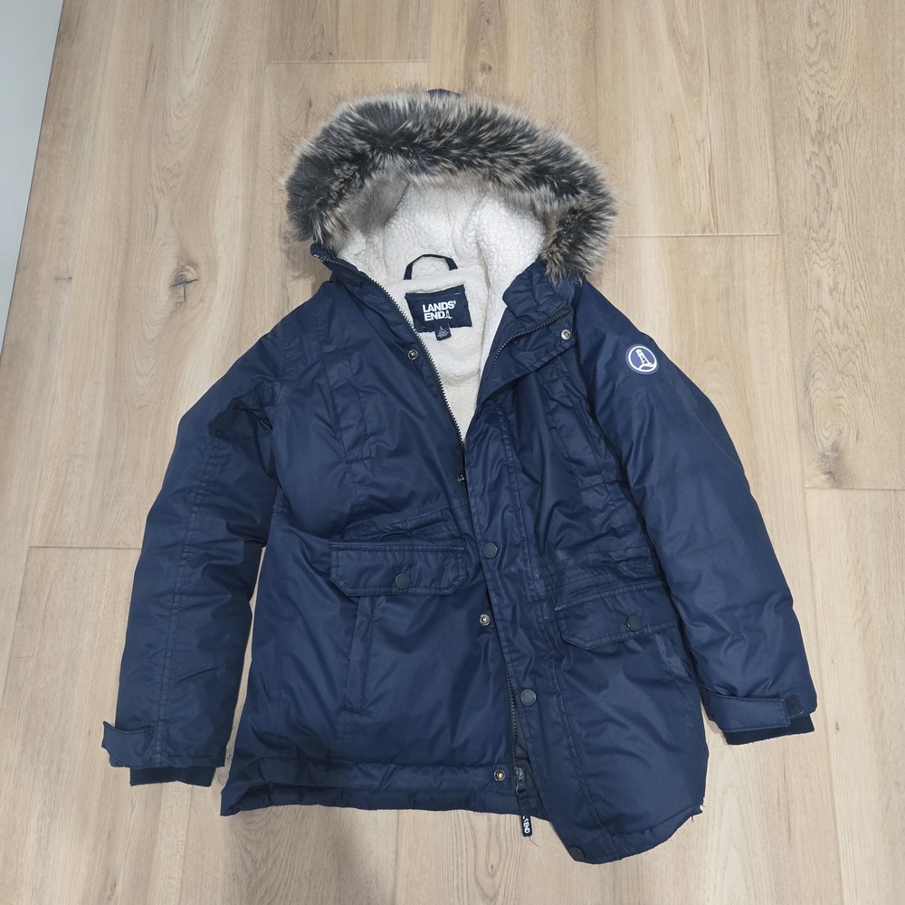 Lands' End Kids Navy Parka with Faux Fur Hood